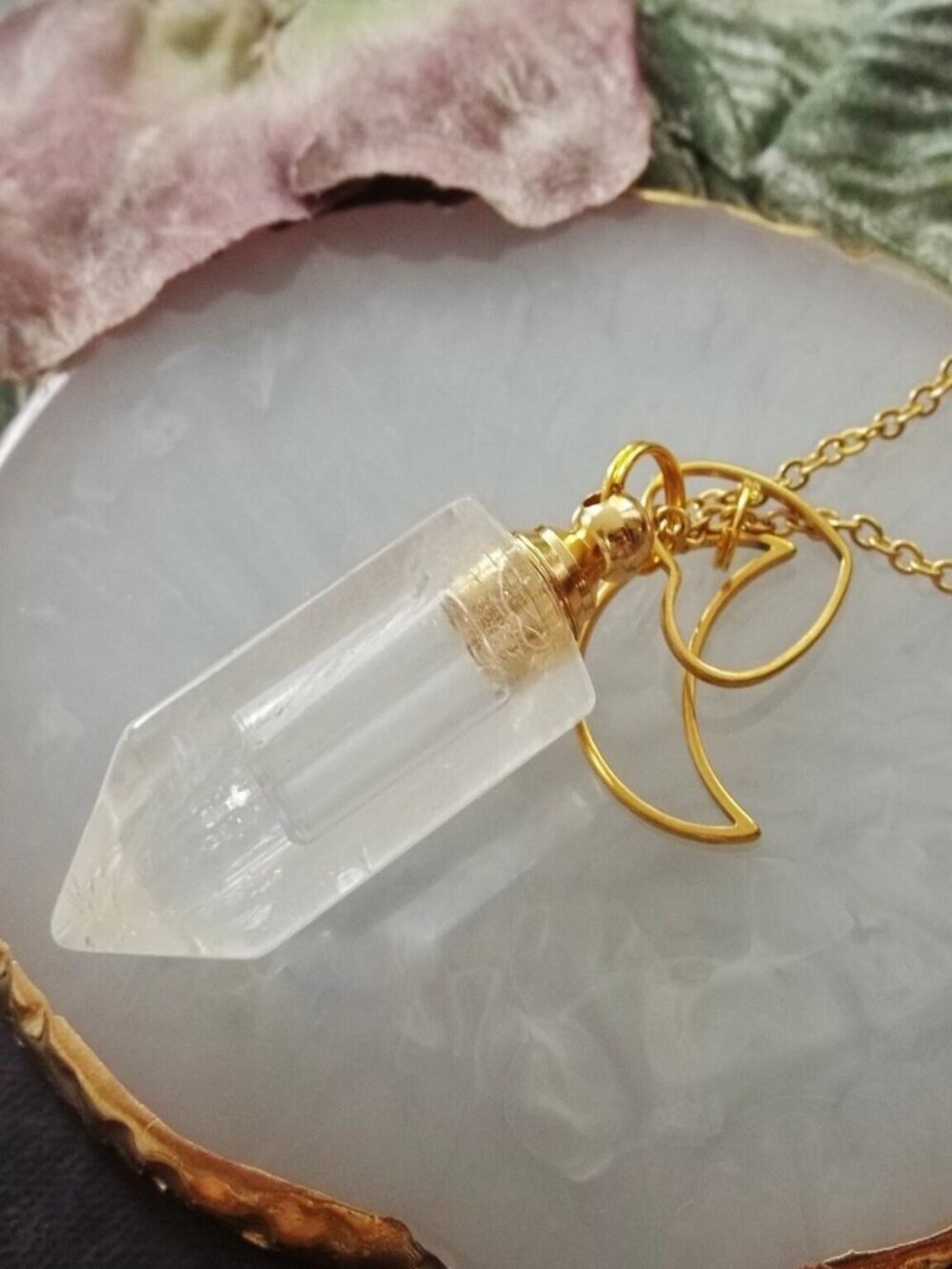 Crystal Point Quartz Necklace Keepsake Perfume Bottle Moon Charm Heart Pendant